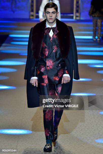 Model walks the runway at the Dolce & Gabbana show during Milan Men's Fashion Week Fall/Winter 2018/19 on January 13, 2018 in Milan, Italy.