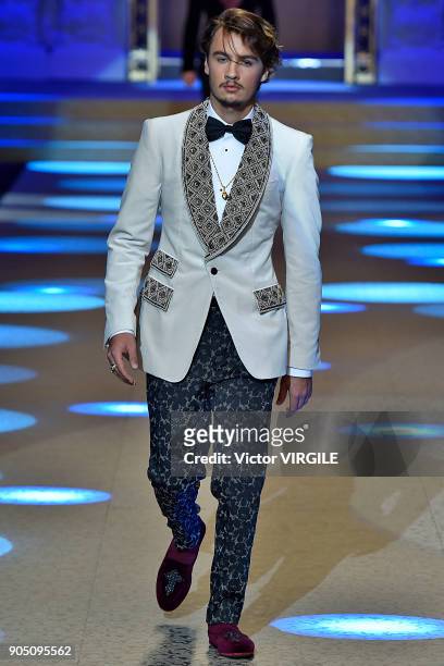 Brandon Thomas Lee walks the runway at the Dolce & Gabbana show during Milan Men's Fashion Week Fall/Winter 2018/19 on January 13, 2018 in Milan,...