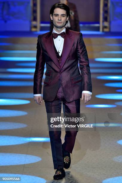 Model walks the runway at the Dolce & Gabbana show during Milan Men's Fashion Week Fall/Winter 2018/19 on January 13, 2018 in Milan, Italy.