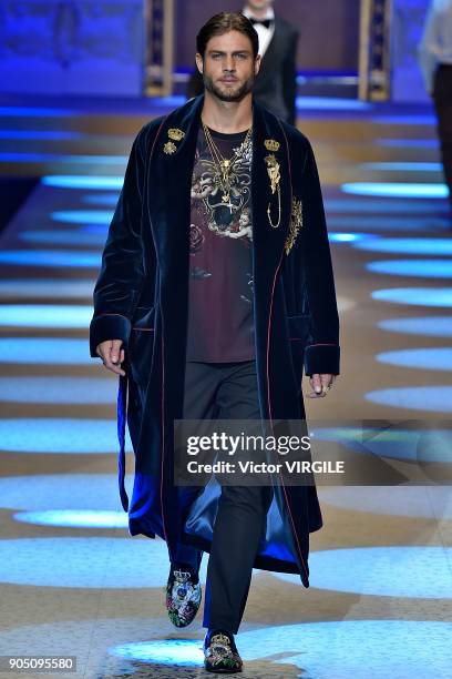 Model walks the runway at the Dolce & Gabbana show during Milan Men's Fashion Week Fall/Winter 2018/19 on January 13, 2018 in Milan, Italy.