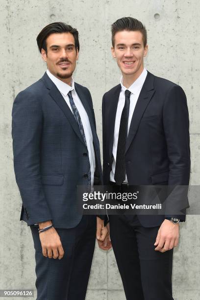 Giuseppe Vicino and Matteo Lodo arrives at the Giorgio Armani show during Milan Men's Fashion Week Fall/Winter 2018/19 on January 15, 2018 in Milan,...