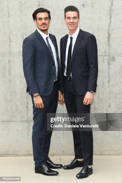 Giuseppe Vicino and Matteo Lodo arrives at the Giorgio Armani show during Milan Men's Fashion Week Fall/Winter 2018/19 on January 15, 2018 in Milan,...