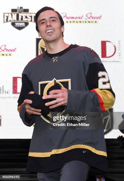 Marc-Andre Fleury of the Vegas Golden Knights throws T-shirts to the crowd as he is introduced at the Vegas Golden Knights Fan Fest at the Fremont...