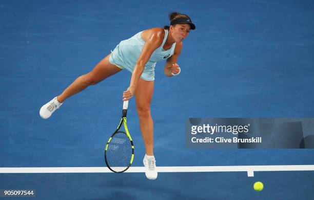 Irina Falconi of the United States in action in her first round match against Daria Gavrilova of Australia on day one of the 2018 Australian Open at...