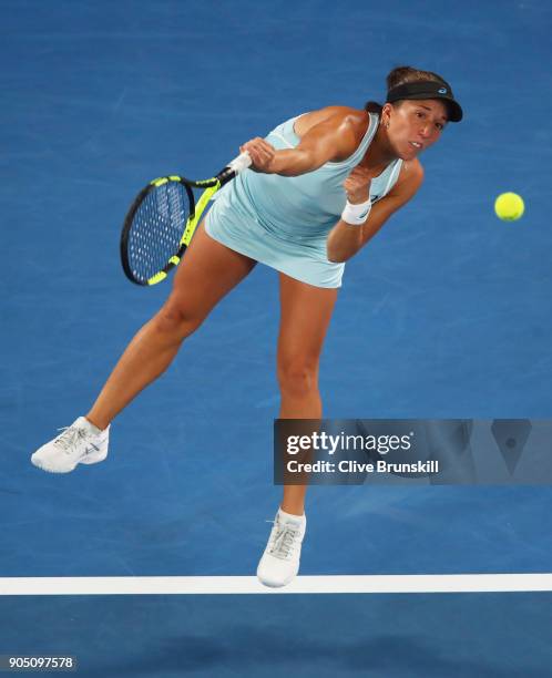 Irina Falconi of the United States in action in her first round match against Daria Gavrilova of Australia on day one of the 2018 Australian Open at...