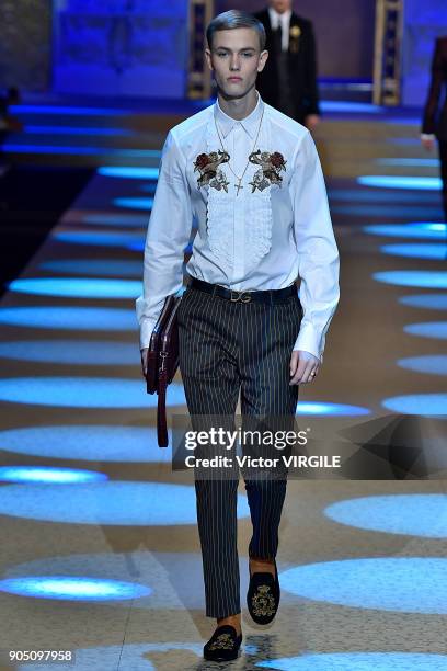 Model walks the runway at the Dolce & Gabbana show during Milan Men's Fashion Week Fall/Winter 2018/19 on January 13, 2018 in Milan, Italy.