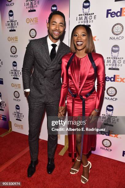 Actors Jay Ellis and Yvonne Orji attends the 49th NAACP Image Awards Non-Televised Award Show at The Pasadena Civic Auditorium on January 14, 2018 in...