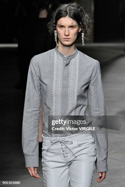 Model walks the runway at the Diesel Black Gold show during Milan Men's Fashion Week Fall/Winter 2018/19 on January 13, 2018 in Milan, Italy.