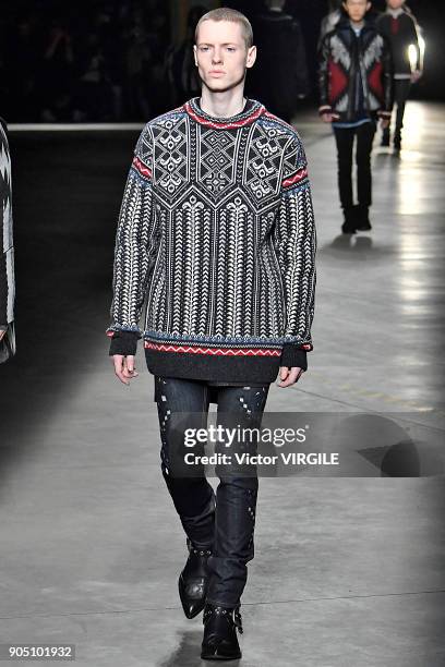 Model walks the runway at the Diesel Black Gold show during Milan Men's Fashion Week Fall/Winter 2018/19 on January 13, 2018 in Milan, Italy.