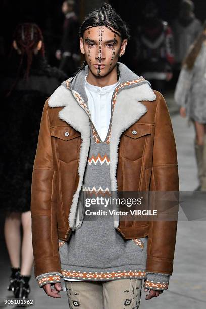 Model walks the runway at the Diesel Black Gold show during Milan Men's Fashion Week Fall/Winter 2018/19 on January 13, 2018 in Milan, Italy.