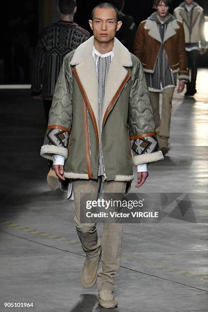 Model walks the runway at the Diesel Black Gold show during Milan Men's Fashion Week Fall/Winter 2018/19 on January 13, 2018 in Milan, Italy.