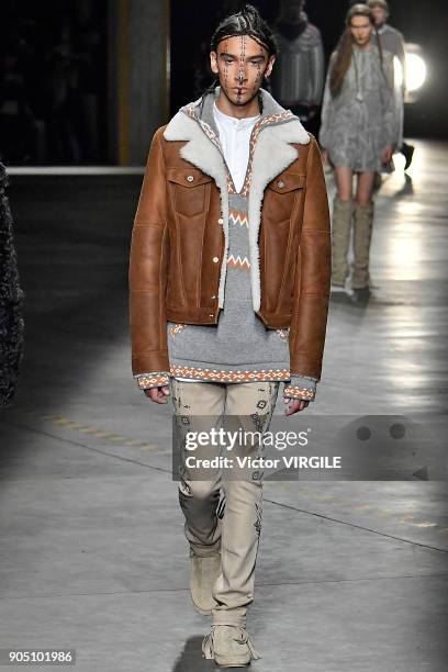 Model walks the runway at the Diesel Black Gold show during Milan Men's Fashion Week Fall/Winter 2018/19 on January 13, 2018 in Milan, Italy.