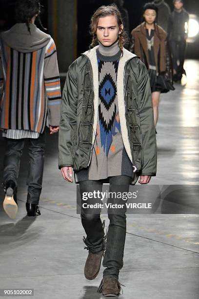 Model walks the runway at the Diesel Black Gold show during Milan Men's Fashion Week Fall/Winter 2018/19 on January 13, 2018 in Milan, Italy.