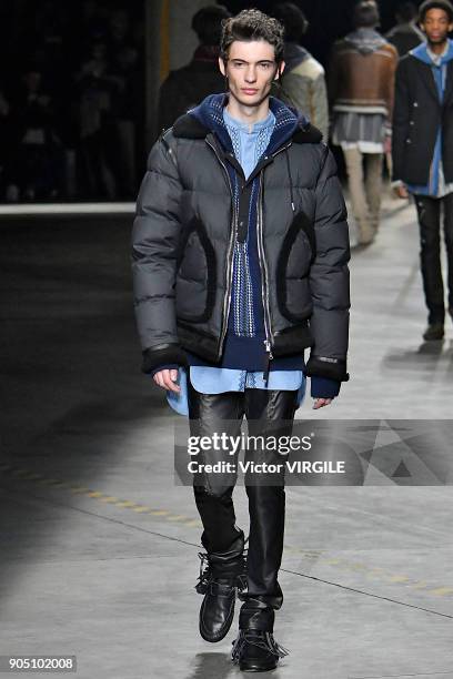 Model walks the runway at the Diesel Black Gold show during Milan Men's Fashion Week Fall/Winter 2018/19 on January 13, 2018 in Milan, Italy.