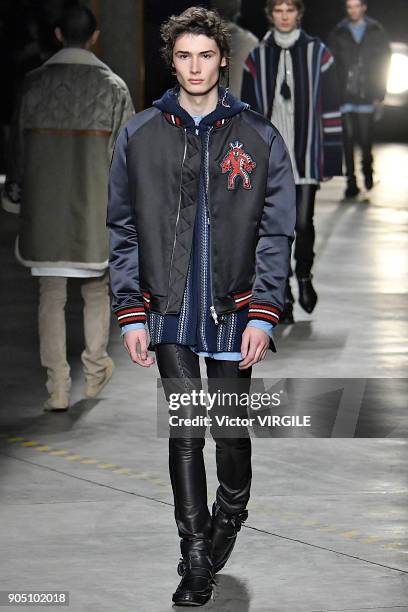 Model walks the runway at the Diesel Black Gold show during Milan Men's Fashion Week Fall/Winter 2018/19 on January 13, 2018 in Milan, Italy.