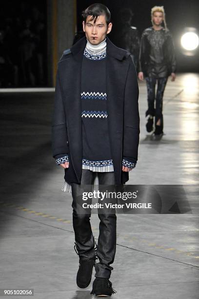 Model walks the runway at the Diesel Black Gold show during Milan Men's Fashion Week Fall/Winter 2018/19 on January 13, 2018 in Milan, Italy.