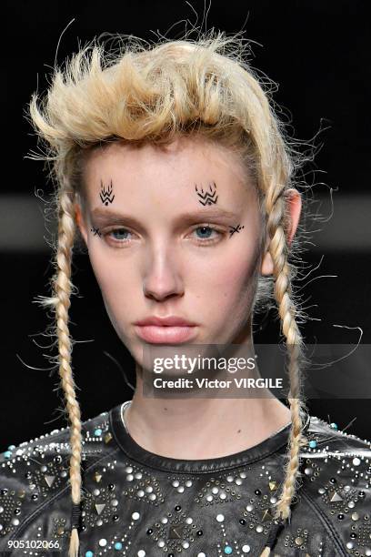 Model walks the runway at the Diesel Black Gold show during Milan Men's Fashion Week Fall/Winter 2018/19 on January 13, 2018 in Milan, Italy.