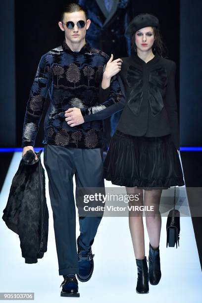 Model walks the runway at the Emporio Armani show during Milan Men's Fashion Week Fall/Winter 2018/19 on January 13, 2018 in Milan, Italy.