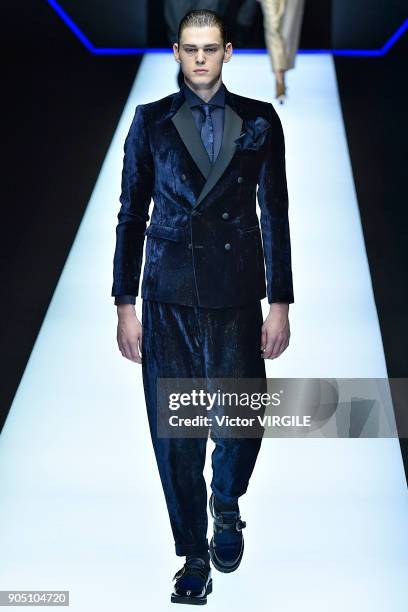 Model walks the runway at the Emporio Armani show during Milan Men's Fashion Week Fall/Winter 2018/19 on January 13, 2018 in Milan, Italy.