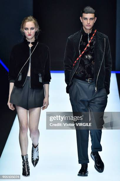 Model walks the runway at the Emporio Armani show during Milan Men's Fashion Week Fall/Winter 2018/19 on January 13, 2018 in Milan, Italy.