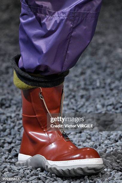 Model walks the runway at the Marni show during Milan Men's Fashion Week Fall/Winter 2018/19 on January 13, 2018 in Milan, Italy.