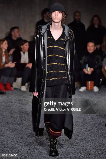 Model walks the runway at the Marni show during Milan Men's Fashion Week Fall/Winter 2018/19 on January 13, 2018 in Milan, Italy.