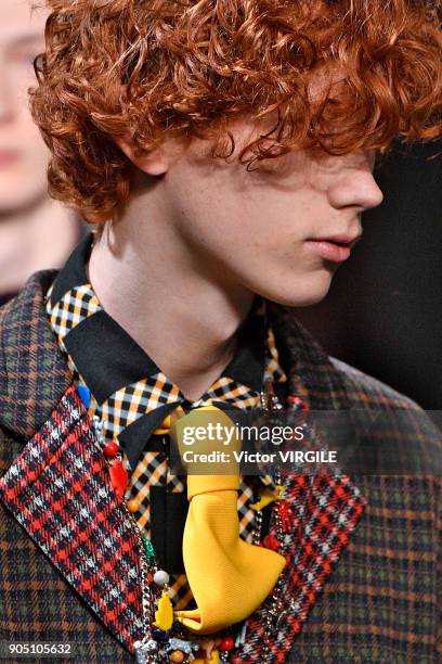 Model walks the runway at the Marni show during Milan Men's Fashion Week Fall/Winter 2018/19 on January 13, 2018 in Milan, Italy.