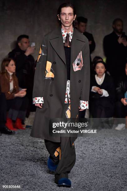 Model walks the runway at the Marni show during Milan Men's Fashion Week Fall/Winter 2018/19 on January 13, 2018 in Milan, Italy.