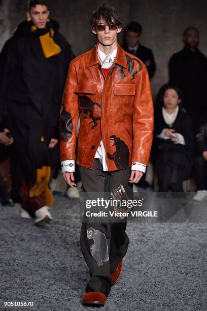 Model walks the runway at the Marni show during Milan Men's Fashion Week Fall/Winter 2018/19 on January 13, 2018 in Milan, Italy.