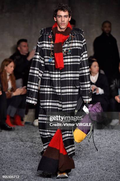 Model walks the runway at the Marni show during Milan Men's Fashion Week Fall/Winter 2018/19 on January 13, 2018 in Milan, Italy.