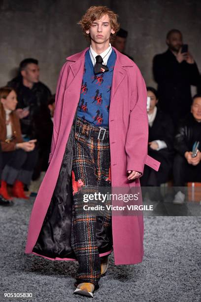 Model walks the runway at the Marni show during Milan Men's Fashion Week Fall/Winter 2018/19 on January 13, 2018 in Milan, Italy.