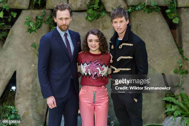 Tom Hiddleston, Maisie Williams and Eddie Redmayne attend the world film premiere of "Early Man" at the BFI Imax cinema in the South Bank district of...