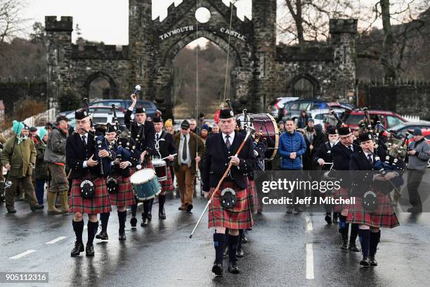 Vale of Atholl pipe band play at the traditional opening of the river Tay Salmon Season on January 15, 2018 in Kenmore, Scotland. The traditional...