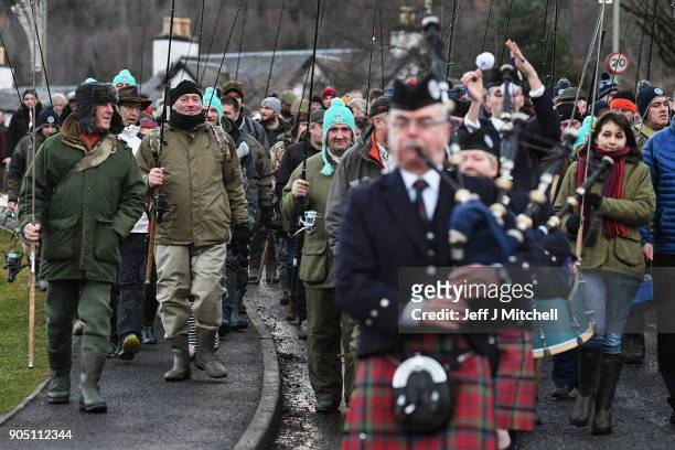 Vale of Atholl pipe band play at the traditional opening of the river Tay Salmon Season on January 15, 2018 in Kenmore, Scotland. The traditional...