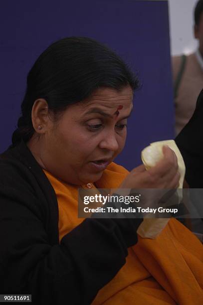 Uma Bharti, former Chief Minister and expelled Bharatiya Janata Party leader , addressing the Media in New Delhi, India