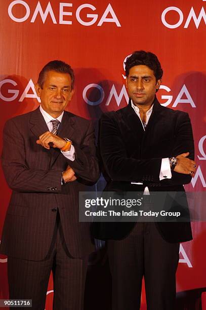 Abhishek Bachchan, actor with Stephen Urquhart, President of Omega, announcing as the Swiss watch maker's new brand ambassador, at a press conference...