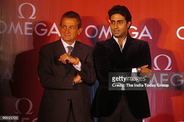 Abhishek Bachchan, actor with Stephen Urquhart, President of Omega, announcing as the Swiss watch maker's new brand ambassador, at a press conference...