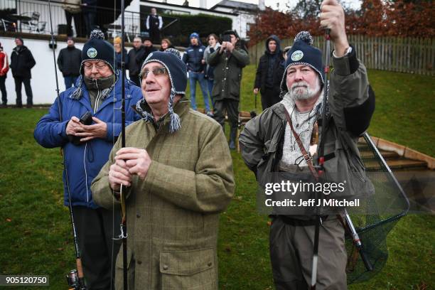 Anglers on the banks of the river Tay during the traditional opening of the river Tay Salmon Season on January 15, 2018 in Kenmore, Scotland. The...