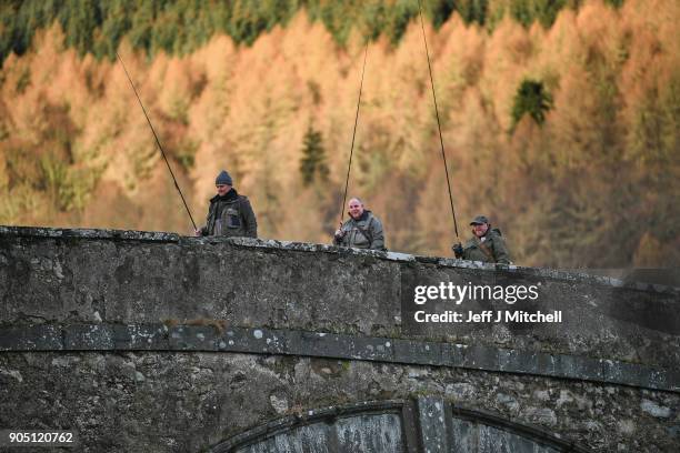 Anglers on the banks of the river Tay during the traditional opening of the river Tay Salmon Season on January 15, 2018 in Kenmore, Scotland. The...