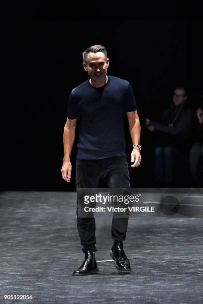 Fashion designer Neil Barrett walks the runway at the Neil Barrett show during Milan Men's Fashion Week Fall/Winter 2018/19 on January 13, 2018 in...