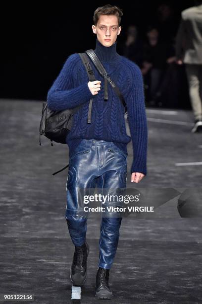 Model walks the runway at the Neil Barrett show during Milan Men's Fashion Week Fall/Winter 2018/19 on January 13, 2018 in Milan, Italy.