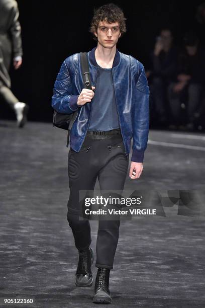 Model walks the runway at the Neil Barrett show during Milan Men's Fashion Week Fall/Winter 2018/19 on January 13, 2018 in Milan, Italy.