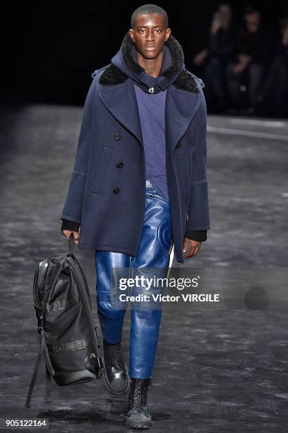 Model walks the runway at the Neil Barrett show during Milan Men's Fashion Week Fall/Winter 2018/19 on January 13, 2018 in Milan, Italy.