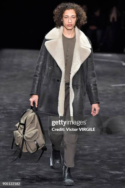 Model walks the runway at the Neil Barrett show during Milan Men's Fashion Week Fall/Winter 2018/19 on January 13, 2018 in Milan, Italy.