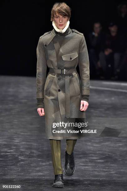 Model walks the runway at the Neil Barrett show during Milan Men's Fashion Week Fall/Winter 2018/19 on January 13, 2018 in Milan, Italy.