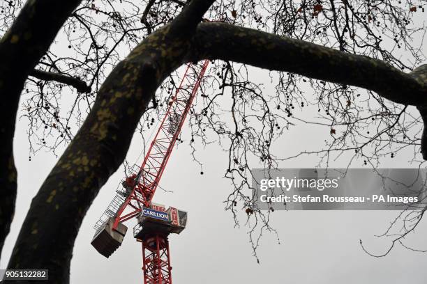 Carillion sign on a crane in central London, as the Government said all Carillion staff should still come to work and &quot;those already receiving...