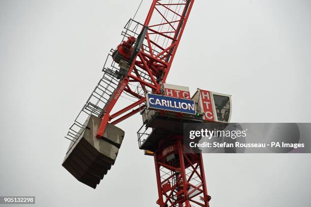 Carillion sign on a crane in central London, as the Government said all Carillion staff should still come to work and &quot;those already receiving...