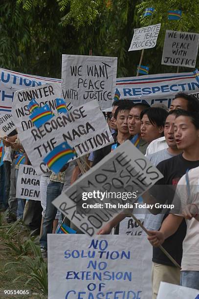 Naga students during a protest march demanding peace and justice for the Naga people in the background of Indo-Naga political talks being held in...