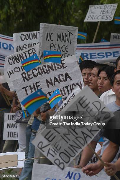 Naga students during a protest march demanding peace and justice for the Naga people in the background of Indo-Naga political talks being held in...