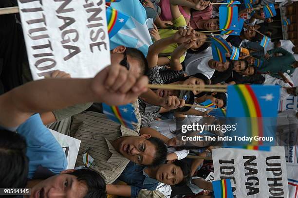 Naga students during a protest march demanding peace and justice for the Naga people in the background of Indo-Naga political talks being held in...